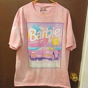 Barbie Dream Car Pink And White Tye Dye Tee Shirt. Size L